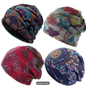 Set of 4 Boho Floral Beanie Hats  Lightweight Cozy Autumn/Winter Headscarves